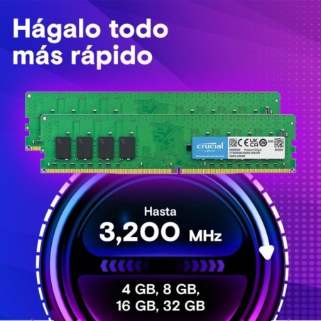 Crucial MEMORIA RAM 32GB DDR4 3200 UDIMM PC4-25600 CL22 SIN BUFFER NO ECC 1.2V